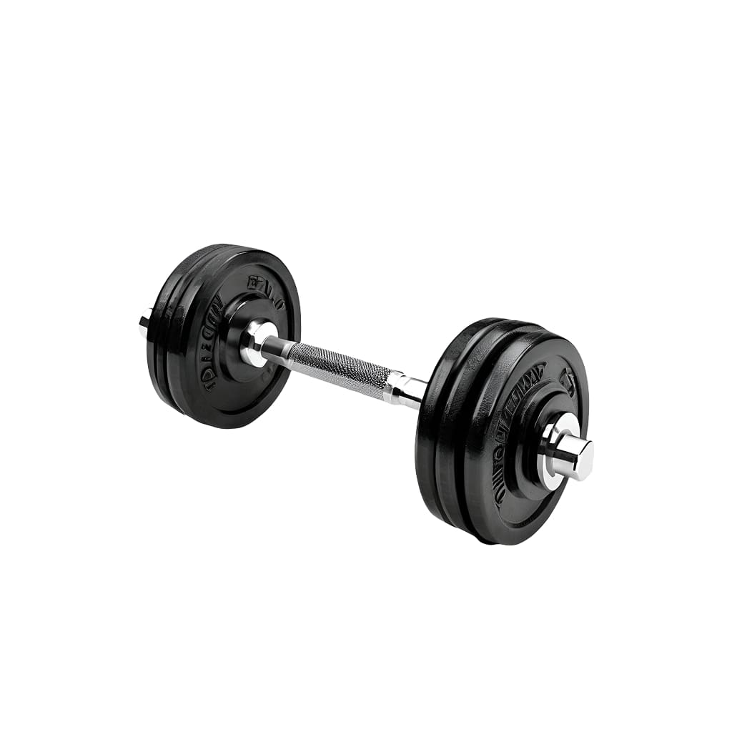 Adjustable dumbbell with weight plates on a white background