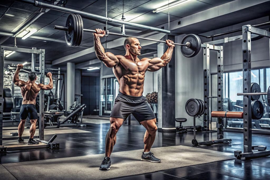 Man performing an overhead barbell press in a gym