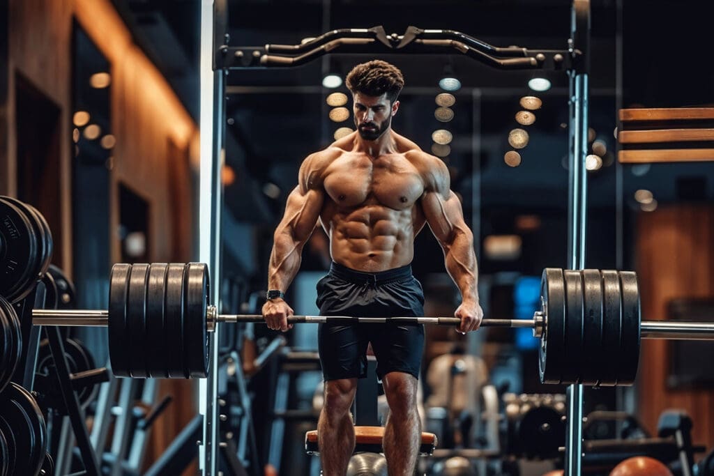 Bearded man performing a barbell deadlift in a gym