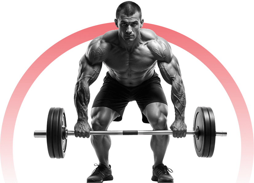 Man preparing to deadlift a barbell in a red circular graphic