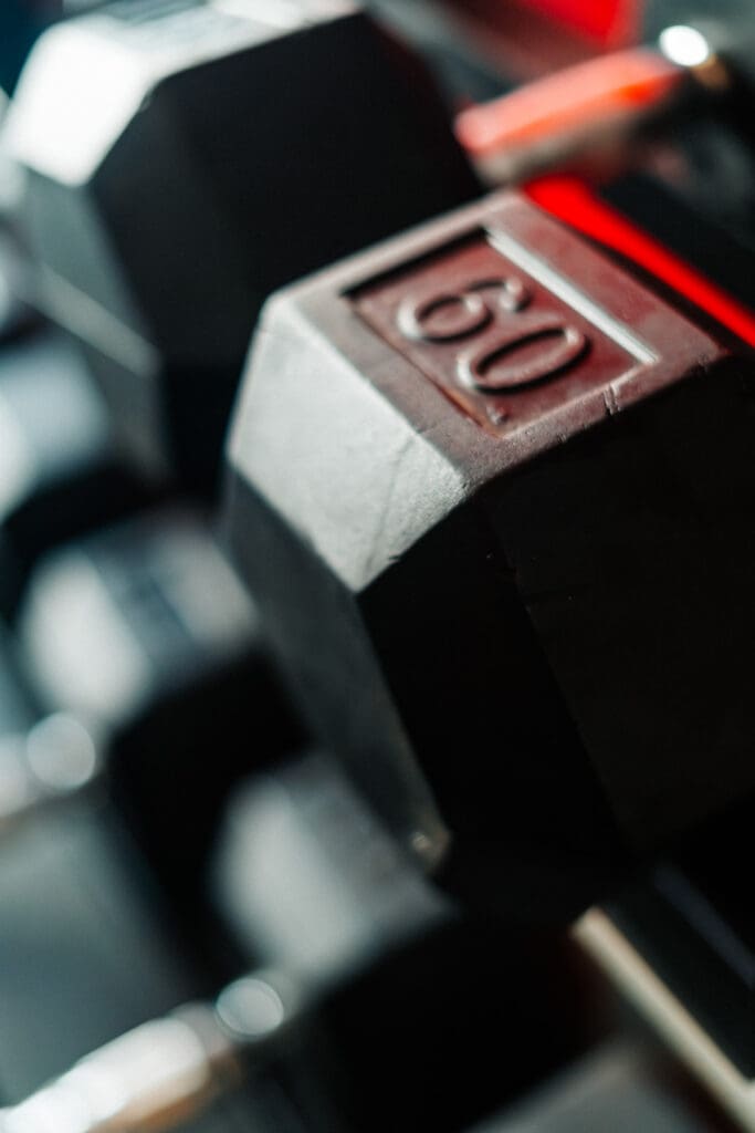 Close-up of a dumbbell marked 60